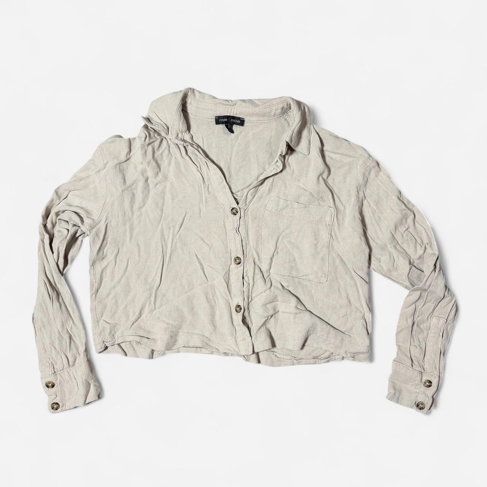 Moa Moa Cream Linen Button Up Crop Top Long Sleeve Shirt Tan Small